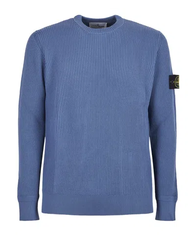 Stone Island Ribbed Knit Sweater With Crew Neckline In Blue