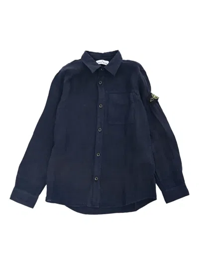 Stone Island Kids' Patch-pocket Linen Shirt In Blue