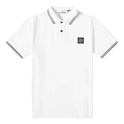 Stone Island Contrasting Trim Logo Patch Cotton Blend Polo Shirt In White