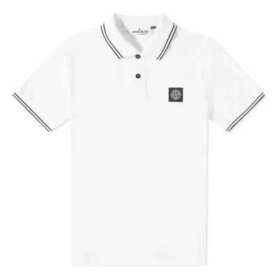 Stone Island Contrasting Trim Logo Patch Cotton Blend Polo Shirt In White