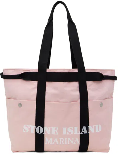 Stone Island Pink Canvas Tote In Black