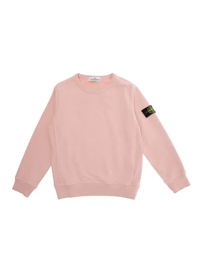 Stone Island Kids' Pink Crewneck Sweatshirt With Logo Patch On The Sleeve In Cotton Boy