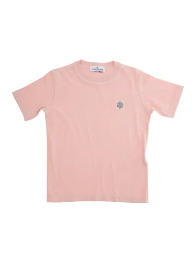 Stone Island Kids' Pink T-shirt With Round Neck And Logo Patch On The Front In Cotton Boy