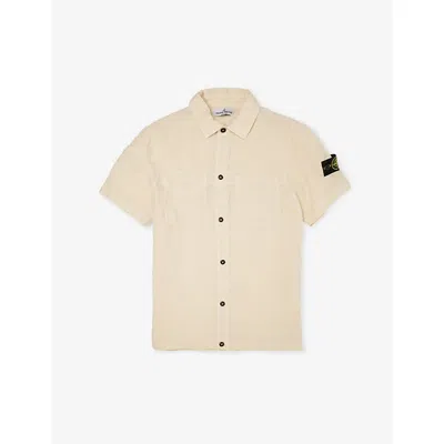 Stone Island Plaster Kids' Compass-badge Short-sleeve Linen Shirt In Neutral