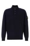 Stone Island Blue High Neck Sweater With Button Closure On The Front And Logo Patch On The Sleeve In Wool Man In Blue