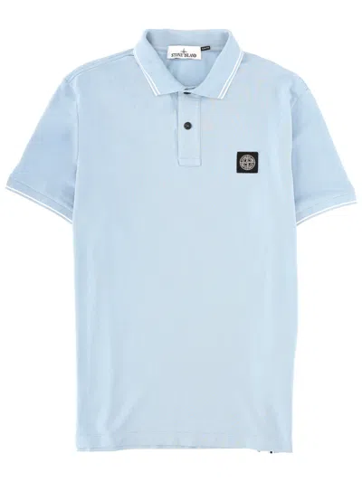 Stone Island Short Sleeve Polo Collar Cotton Shirt In Blue