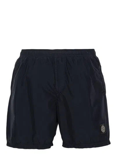 Stone Island Logo Patch Mid-length Swim Trunks In Blue