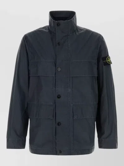 Stone Island Polyester Blend Jacket High Collar Pockets In Black