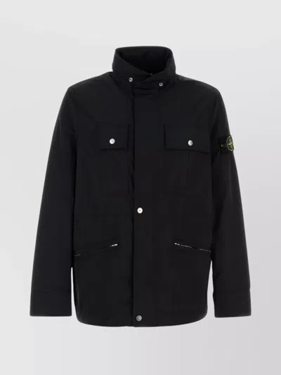 Stone Island Polyester Jacket With Buttoned Cuffs And Zippered Pockets In Black