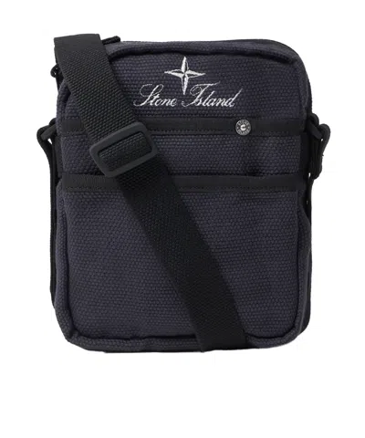 Stone Island Pouch Bag With Front Pockets And Adjustable Strap In Blue