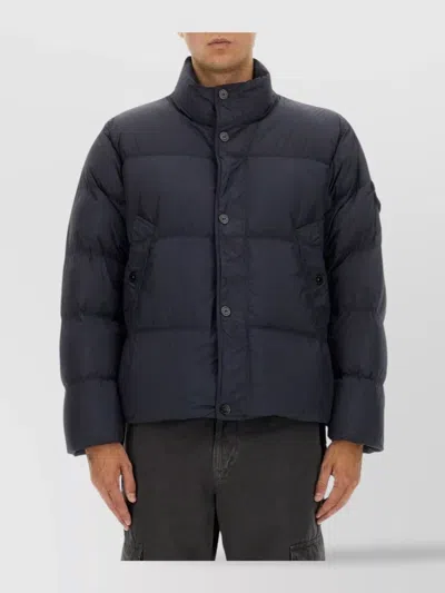 Stone Island Puffer High Collar Quilted Side Pockets Jacket In Blue