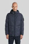 Stone Island Blue Down Jacket With Drawstring Hood And Logo Patch On The Sleeve In Tech Fabric Man In Blue