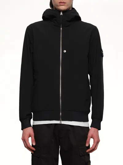 Stone Island Q100004 Soft Shell Hooded Jacket In Black