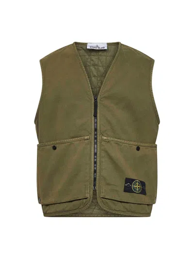 Stone Island Quilted Cotton V-neck Vest With Zip Closure In Green