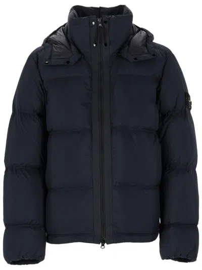 Stone Island Quilted Detachable Hood Polyamide Down Jacket In Blue