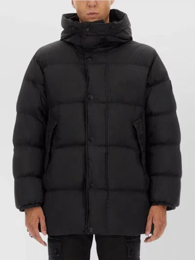 Stone Island Quilted Hooded Long Length Jacket In Black