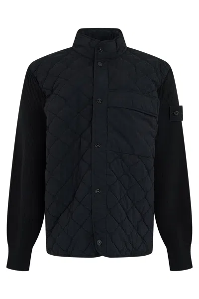 Stone Island Quilted Jacket With High Collar And Long Knitted Sleeves In Blue