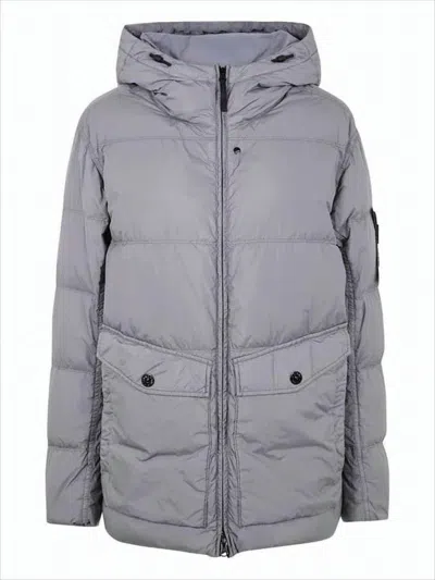 Stone Island Quilted Padded Jacket With Hood And Flap Pockets In Gray