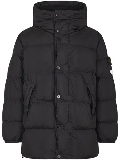 Stone Island Quilted Short Parka With Hood And Button Closures In Black