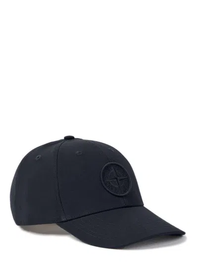 Stone Island Raised Logo Embroidered 100% Cotton Cap With Adjustable Nylon Strap In Blu
