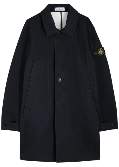 Stone Island Raso Gommato 3l Cotton-poplin Coat In Navy