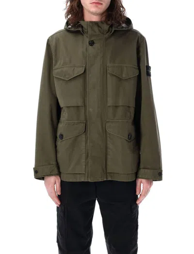 Stone Island Raso Gommato Hooded Jacket In Green