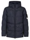 Stone Island Blue Down Jacket With Drawstring Hood And Logo Patch On The Sleeve In Tech Fabric Man In Black