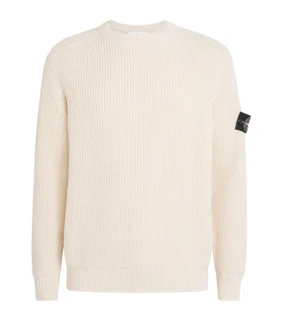 Stone Island Ivory Ribbed Knit Sweater With Crew Neckline In Multi