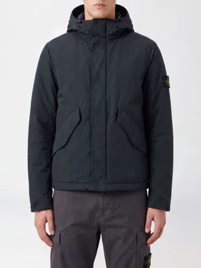 Stone Island Recycled Nylon Hooded Windbreaker Jacket With Compass Logo In Blue