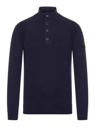 Stone Island Regular Fit Sweater With Short Zip And Fake Buttons In Blue