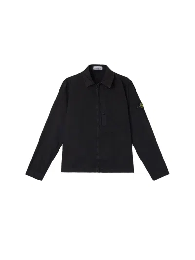 Stone Island Regular-fit Zip-up Overshirt Pocket Organic Cotton Stretch Broken Twill 'old' Effect In Black