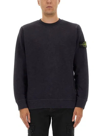 Stone Island Relaxed Fit Black Cotton Jersey Sweatshirt With Logo Patch In Blue