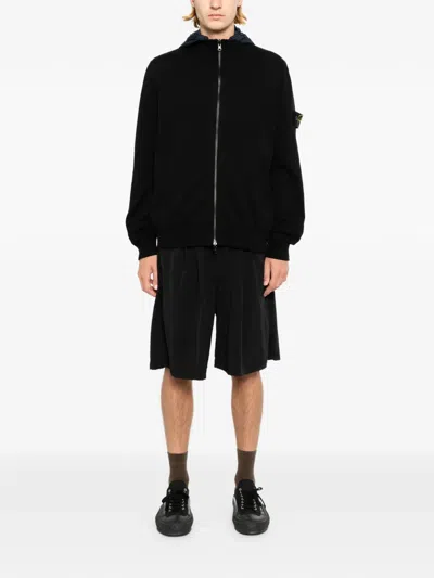 Stone Island Logo Cotton Hoodie With Ribbed Panelling In Black