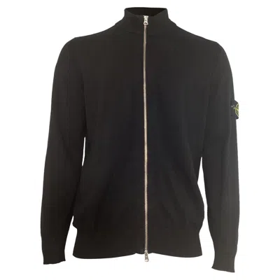 Stone Island Rib Knit Zip Sweater In Black Wool