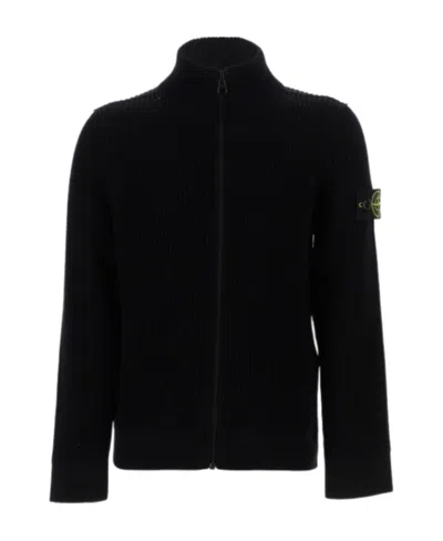 Stone Island Rib Knitted Zipper Cardigan In Black