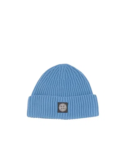 Stone Island Rib Wool Logo Beanie In Blue