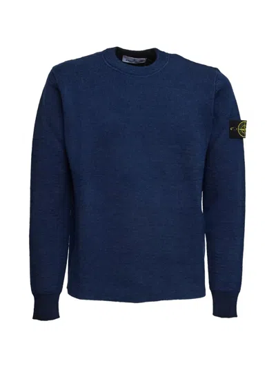 Stone Island Loose Fit Gironeck Rubberised Wool And Organic Cotton Sweater In Blue