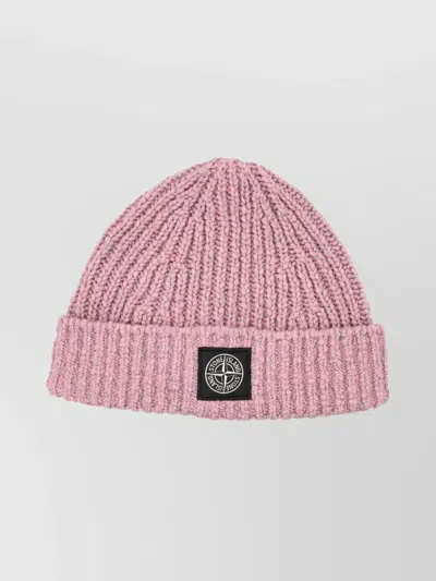 Stone Island Ribbed Logo-patch Beanie Hat In Pink