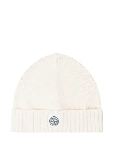 Stone Island Kids' Ribbed Beanie In White