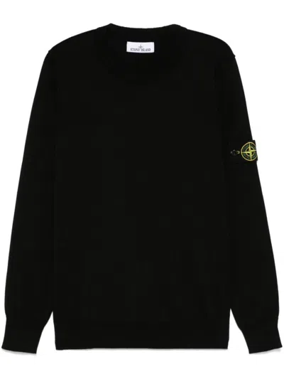 STONE ISLAND RIBBED BLACK SWEATER WITH DETACHABLE COMPASS BADGE