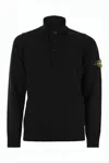 Stone Island High Collar Pullover With Buttoned Placket And Logo Patch In Black