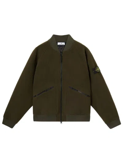 Stone Island Ribbed Bomber Jacket With Zip Pockets And Embroidered Logo In Green