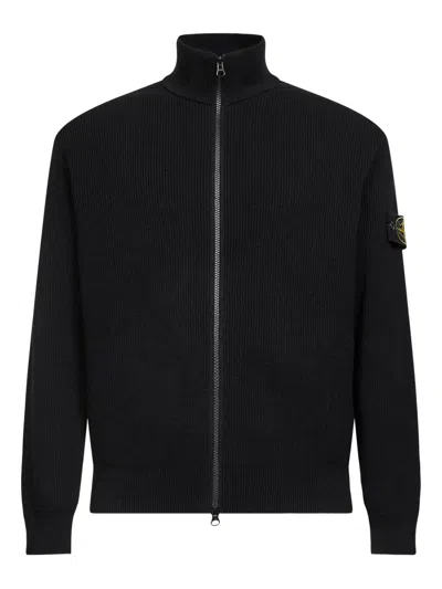 Stone Island Zip Through Sweater Organic Cotton Knit In Black