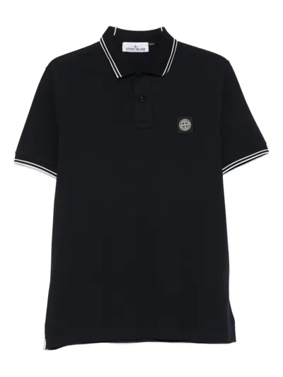 Stone Island Ribbed-collar Logo-patch Polo Shirt In Blue