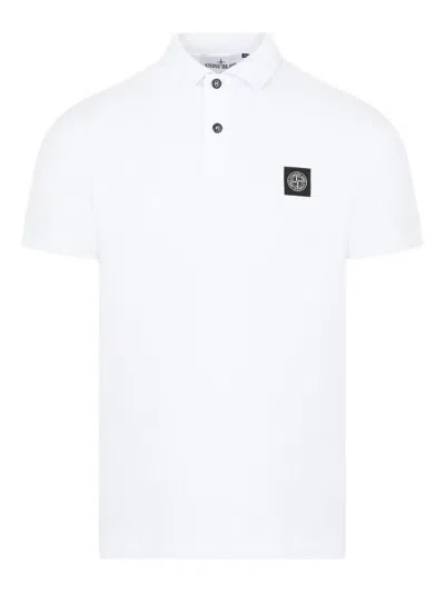 Stone Island Ribbed Collar Polo Shirt With Two-button Placket And Compass Patch In Bianco