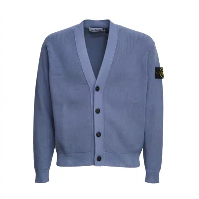 Stone Island Ribbed Cotton Cardigan For Men In Blue