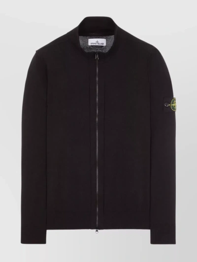 Stone Island Ribbed Cotton Cardigan With Roll Finish In Black