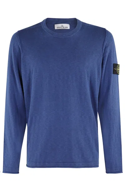 Stone Island Ribbed Cotton Crew Neck Sweater With Iconic Badge In Blue