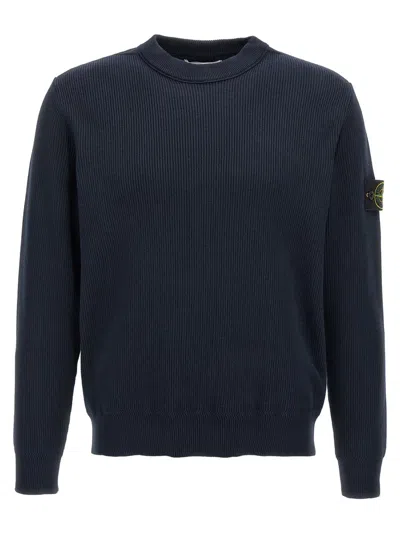 Stone Island Ribbed Cotton Sweater With Signature Logo Badge In Blue