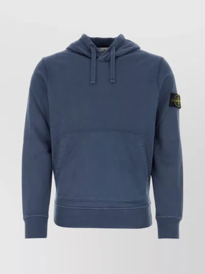 Stone Island Ribbed Cotton Sweatshirt With Hood And Pocket In Blue